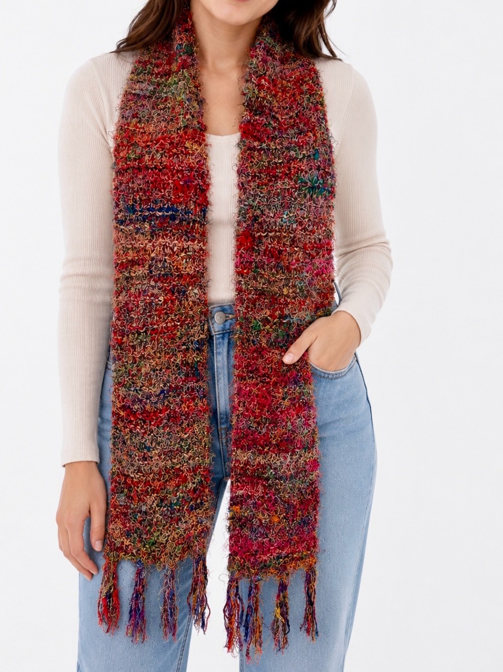 70” Fuzzy Colorful Red Multicolor Bouclé Knit Scarf - 6” Wide — #A